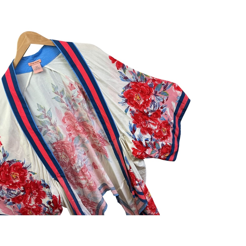 Flying Tomato Womens Floral Kimono Wrap Red Blue Striped Trim Rayon S/M - Picture 9 of 12